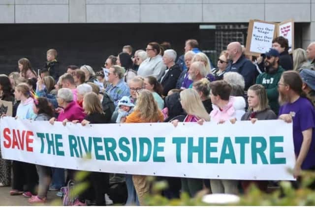 A save the Riverside Theatre protest was held outside the offices of Causeway Coast and Glens Council. CREDIT NI WORLD