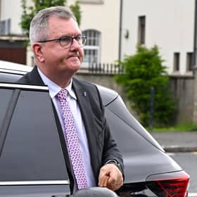 Jeffrey Donaldson arrives at Newry Crown Court for his trial in June. Picture: Press Eye