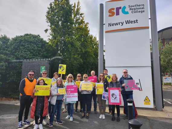 Lecturers on the picket line At Newry SRC West Campus during last week's strike for fair pay and conditions,