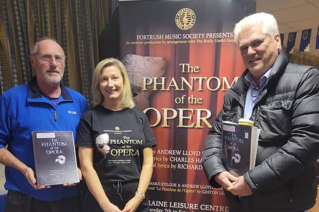 Northern Regional College lecturers involved in Portrush Music Society’s production of The Phantom of the Opera in Coleraine next week. From left to right, Computing lecturer, William Thompson; Special Needs lecturer, Elaine MacAuley; and Essential Skills co-ordinator, Donal MacAuley. Credit NRC