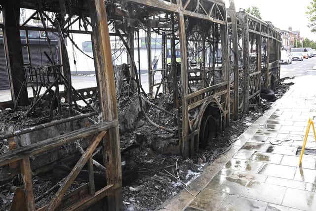 A Glider bus was set alight on Belfast's Newtownards Road on Tuesday (June 9). Photo by PressEye.