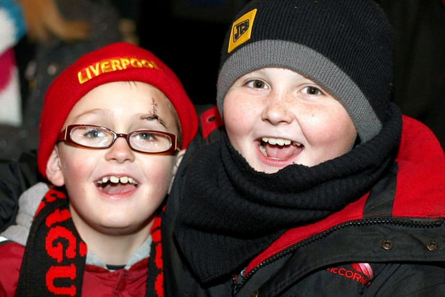 Jack and Gavin Finney smile for the Times Photographer at the switching on of Ballymoney's Christmas Lights in November 2009