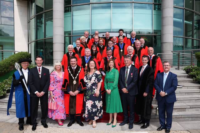 Mayor of Lisburn & Castlereagh City Council, Councillor Scott Carson pictured with Keith and Kristyn Getty along with VIP guests at the ceremony. Photo by Press Eye.