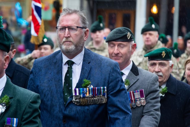The rain didn't deter veterans taking part in the annual Portadown RBL St Patrick's Day parade on Saturday afternoon including Ulster Unionist Party leader, Capt. Doug Beattie, MC. PT12-217.