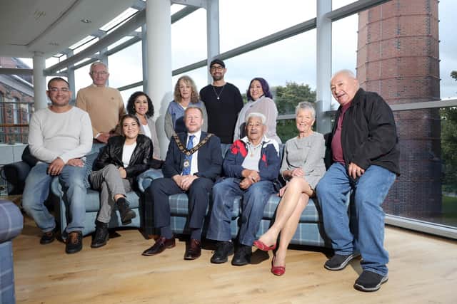 Mayor of Antrim and Newtownabbey Alderman Stephen Ross with Robert Kirker from New Mexico and members of his extended family. Pacemaker, Stephen Davison