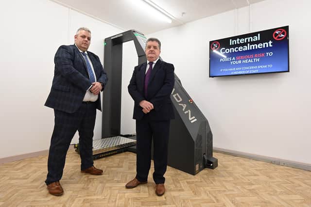 New high-tech X-Ray Body Scanners will be phased into Northern Ireland’s prisons as part of the fight against the trafficking of illegal contraband, including drugs. Pictured at Maghaberry Prison are (left) The Governor of Maghaberry Prison, David Savage and (right) Director General of the Northern Ireland Prison Service, Ronnie Armour. Picture: Michael Cooper