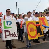 Archive image showing members of Carrickfergus Senior Gateway Club taking part in the first ever Learning Disability Pride Parade in 2017. INCT 22-003-PSB