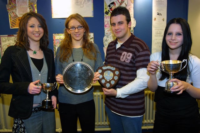At Fort Hill's prize night in 2006 are Rachel Gordon (English Literature), Victoria Williams (Geography), Stephen McCullagh(English), and Victoria Irving(History) - GCSE Award winners