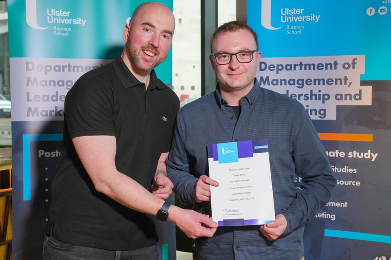 Emmet Donaghey (left), MSc Management course director, with MSc Management graduate Jamie Boyle, from Ballymoney, who was awarded the course director’s prize for highest mark in the management project.