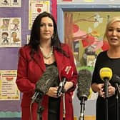 Stormont deputy First Minister Emma Little Pengelly and First Minister Michelle O'Neill speak to the media during a visit to a childcare facility at the Shankill Women's Centre in west Belfast. Picture: Rebecca Black/PA Wire