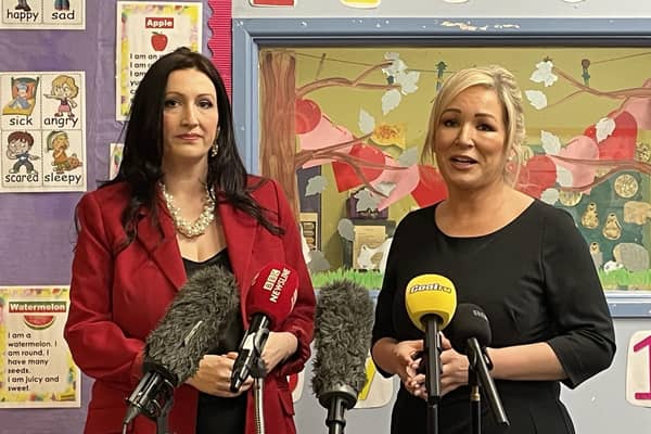 Stormont deputy First Minister Emma Little Pengelly and First Minister Michelle O'Neill speak to the media during a visit to a childcare facility at the Shankill Women's Centre in west Belfast. Picture: Rebecca Black/PA Wire