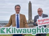 Gary Wilmot (left), CEO Kilwaughter Minerals, joins Gregg Humphrey, chairman Brighter Futures, to announce a donation of £20,000 to Larne Football Club’s official charity.