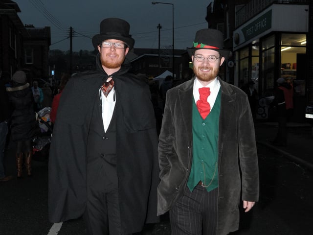 Victorian gentlemen Jonathan Carson and Ian Walsh walk the streets of Whitehead in 2014.