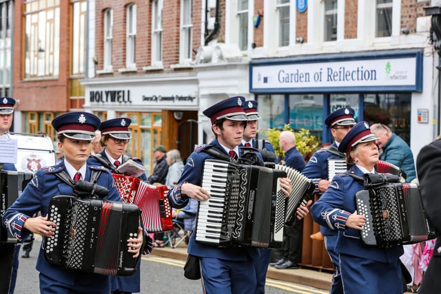 Members of The Pride of the Birches Accordion Band from Portadown taking part in the Derry Day parade.