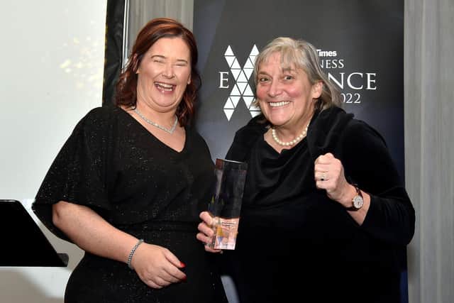 Jane Allen (right) of Magheramorne Estate was delighted to receive the Retail, Leisure and Tourism Business of the Year Award which was presented by National World regional director, Diane Burke. LT4-206.