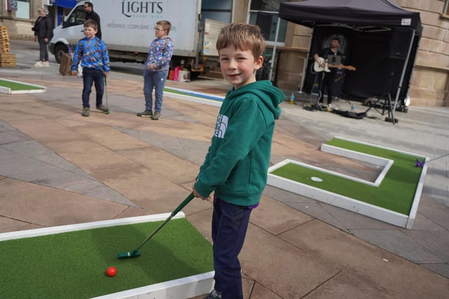 Getting some practice in for The Open during Coleraine BID's Easter family fun days.