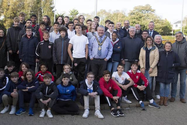 The delegation from Coleraine’s twin town La Roche-sur-Yon along with representatives from Coleraine Rugby Club pictured with the Mayor outside Coleraine Civic Headquarters Cloonavin