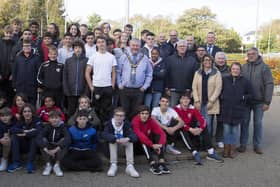 The delegation from Coleraine’s twin town La Roche-sur-Yon along with representatives from Coleraine Rugby Club pictured with the Mayor outside Coleraine Civic Headquarters Cloonavin