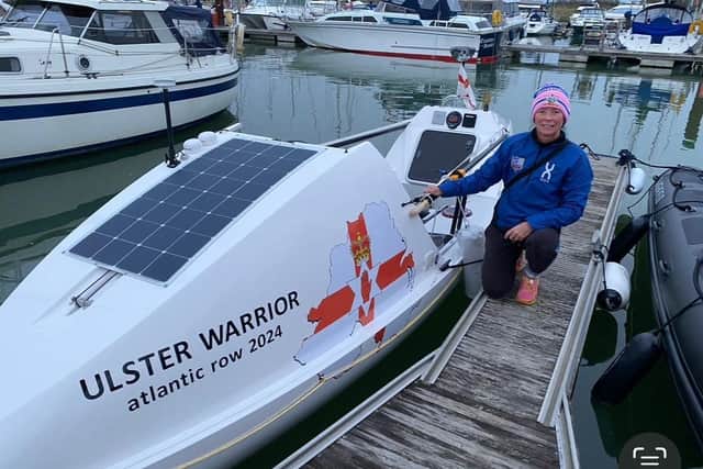 Lurgan native Linda Blakely on her boat, Ulster Warrior, which she plans to row 3000 miles across the Atlantic Ocean in a bid to beat the women's solo record and raise more than £100k for charity.