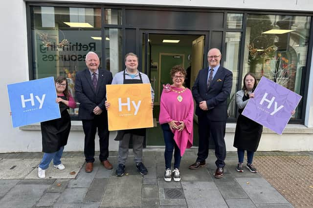 Pictured at the launch of the Harmony Studio, from left are Claire Warnock, James Perry MBE, Jordan Gibson, Mayor of Mid and East Antrim Borough Council Alderman Gerardine Mulvenna, Norman Sterritt and Niamh McCann. Credit Naked PR