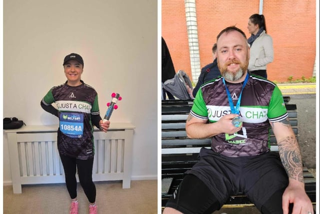 Running as the Dashing Dinos in aid of Just a Chat mental health awareness charity in Lurgan were Katie Lucas from Iphysio and Sean Byrne.