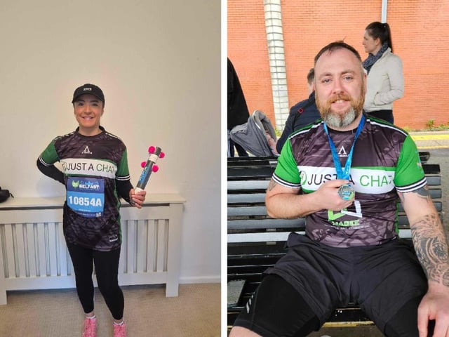 Running as the Dashing Dinos in aid of Just a Chat mental health awareness charity in Lurgan were Katie Lucas from Iphysio and Sean Byrne.