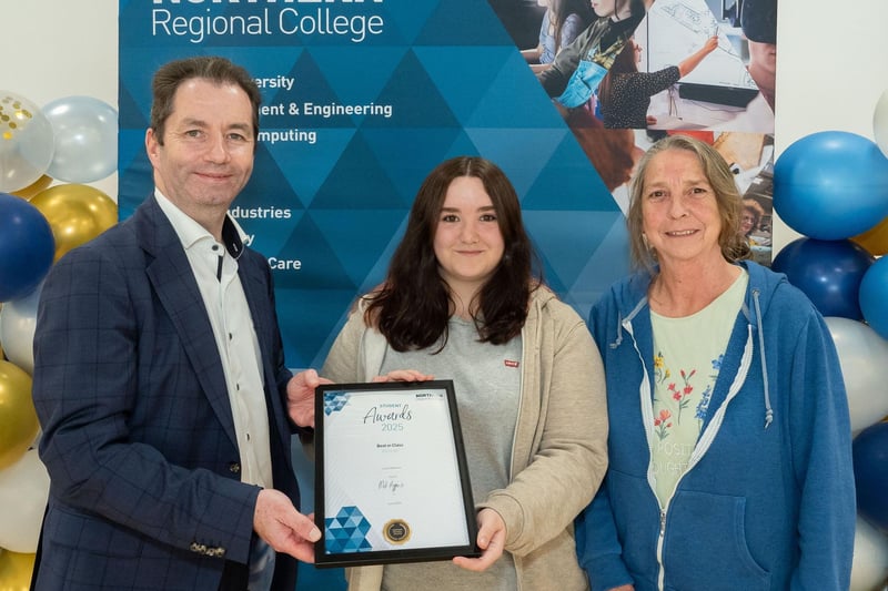 Business student Lucy Catterson winner of the Best in Class award pictured with Tanya Catterson and College Principal & Chief Executive, Mel Higgins.