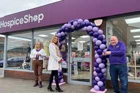 Miss Northern Ireland, Daria Gapska, officially re-opens the “absolutely fabulous” revamped Hospice Shop in Finaghy, with help from Laura Young, Shop Manager, and Gerry Allen, Shop Supervisor.
