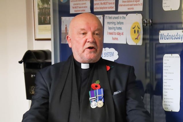 Rev Barry Paine, who led the service, speaking at the Remembrance Service in Cookstown High School.