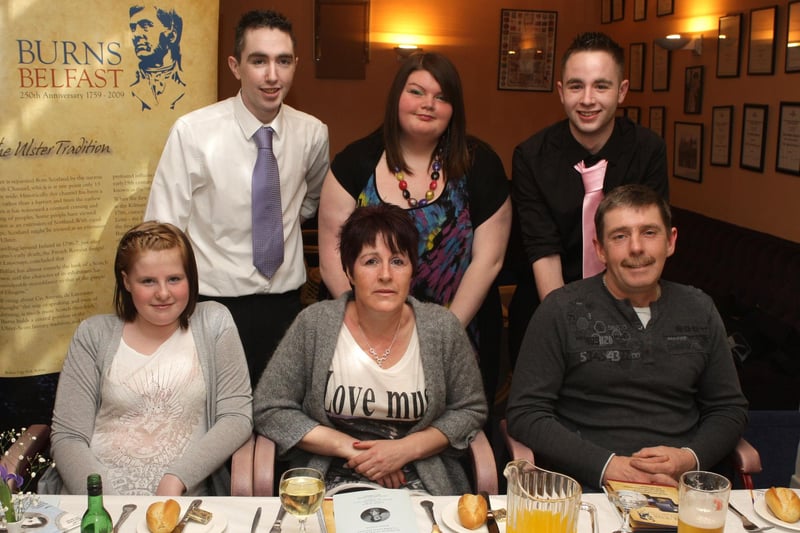 THREE UP THREE DOWN. Pictured at a 'Burns Night' held at Ballymoney RBL in 2010 and organised by  the Kingdom of Dalriada Ulster/Scots Society are (back left), Jonathan Crawford, Victoria Murray, Sam Crawford, Andrea White (front left), Yvonne White and Phil White.