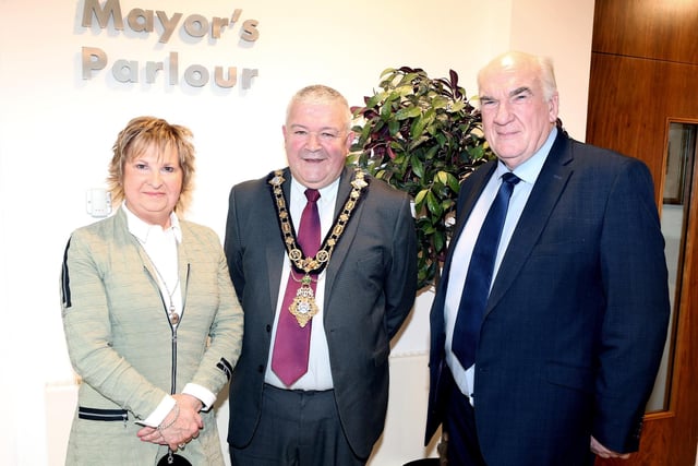 William Oliver DL MBE and his wife Margaret from Coleraine pictured in Cloonavin with the Mayor of Causeway Coast and Glens Borough Council, Councillor Ivor Wallace.