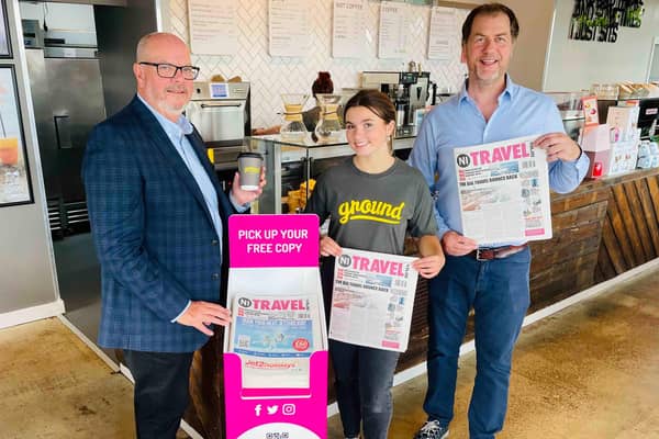 Celebrating the new partnership between local ‘travel bible’ NI Travel News and Ground Espresso Bars coffee chain are (l-r) Jonathan Adair from NI Travel News, Erin from Ground Coffee, and Jonny Ross Ground Coffee Operations Manager