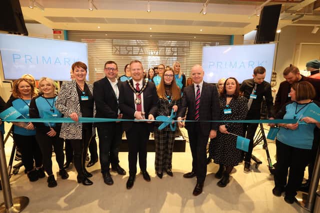 Cutting the ribbon to officially open the new store are, from lett: Primark’s Northern Ireland Area Manager Jacqui Byers; Head of Sales ROI & NI Damien O’Neill; Lord Mayor of Armagh City, Banbridge & Craigavon Borough Council Cllr Paul Greenfield; Primark Craigavon store manager Cherie McCord and Martin Walsh, Rushmere Centre Manager.