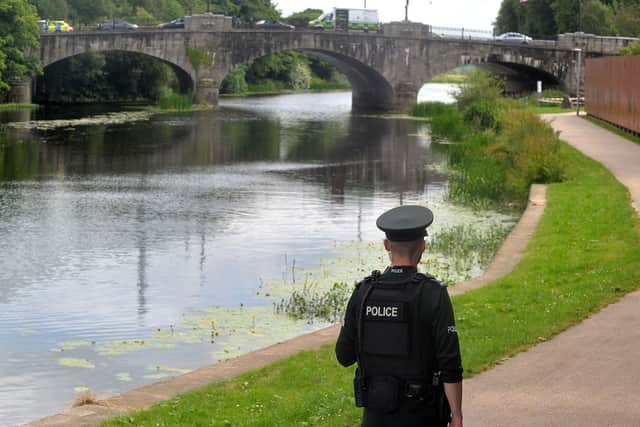 The scene on the Bann Bridge in Portadown on Saturday afternoon following reports of a body being found under the bridge. PT26-204.