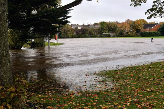 Sports pitches in Portadown People's Park were flooded when the Corcrain River burst its banks during the continual heavy rain. PT44-256.