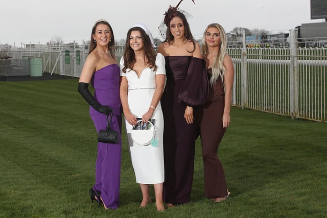 Bride-to-be Bronagh Crampton (white dress) with her bridesmaids, from left: Nicole Kelly, Jordan Cooney and Ursula Crampton enjoying the day at Down Royal.