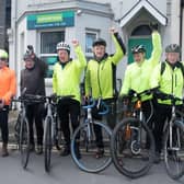 Cyclists who took part in a sponsored cycle from Drogheda - Portadown in aid of the Craigavon branch of the Samaritans pictured at the end of their journey at the Samaritans premises in Thomas Street, Portadown. Included are from left, Gerry Southwell, Paul Haughey, Joe Nicholson, Joe Corrigan, Gary Dean and Paddy McAnallen. PT15-217. Picture: Tony Hendron