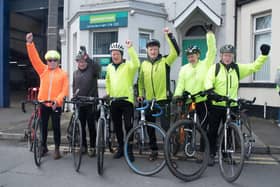 Cyclists who took part in a sponsored cycle from Drogheda - Portadown in aid of the Craigavon branch of the Samaritans pictured at the end of their journey at the Samaritans premises in Thomas Street, Portadown. Included are from left, Gerry Southwell, Paul Haughey, Joe Nicholson, Joe Corrigan, Gary Dean and Paddy McAnallen. PT15-217. Picture: Tony Hendron