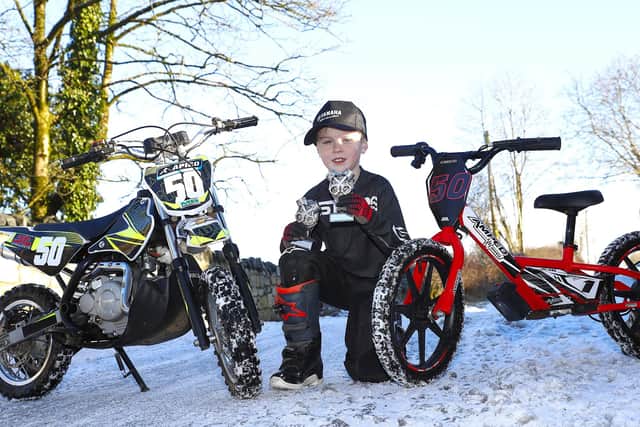 Cooper Guy from Burnside claimed the HTM motorcycles sponsored 16 inch Electric Bike Championship and finished second in the Jet Products Yamaha/ LCGO Ltd Larne, PW50/Mini championship at the Beyond Signage Youth Winter series at Magilligan MX Park. Picture: Maurice Montgomery