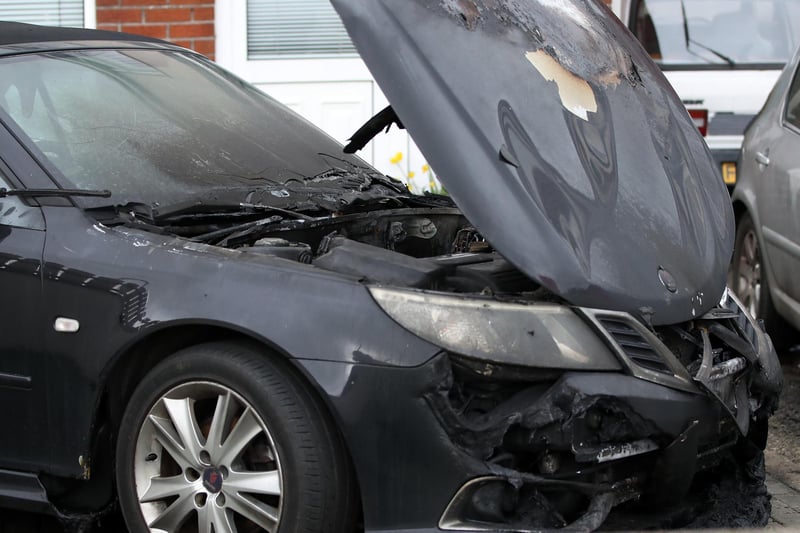 One of the three vehicles which were set on fire in Larne early on Friday. Pics: Press Eye