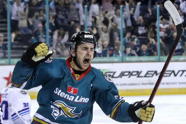 Belfast Giants' David Goodwin celebrates scoring his penalty in the penalty shootout during last season's Elite Ice Hockey League Playoff game against Coventry Blaze at the SSE Arena, Belfast. Picture by William Cherry/Presseye