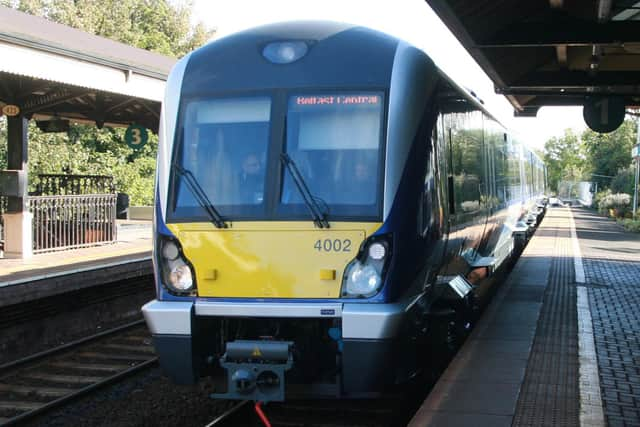 Translink train at Carrickfergus station.  Photo: Tim Cully