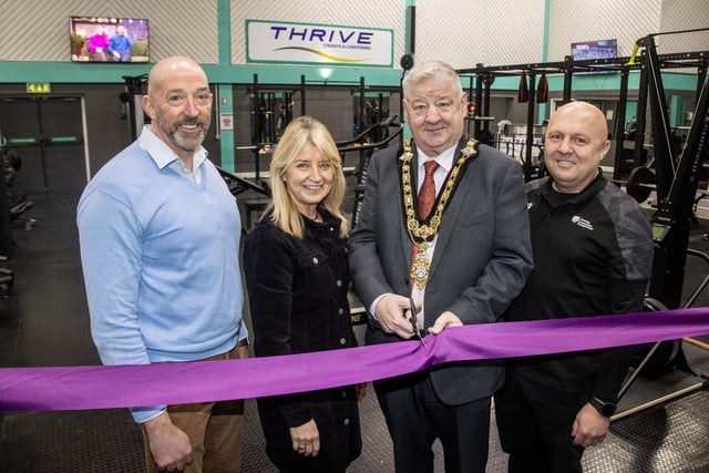 Pictured in the refurbished Strength and Conditioning Suite are Ricky Dennison, Leisure Operations Manager; Wendy McCullough, Head of Sport and Wellbeing; Mayor of Causeway Coast and Glens, Councillor Steven Callaghan; and John Peart, Roe Valley Leisure Centre Duty Officer.