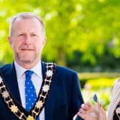 Outgoing Antrim and Newtownabbey Mayor Ald Stephen Ross and Deputy Mayor Cllr Leah Smyth