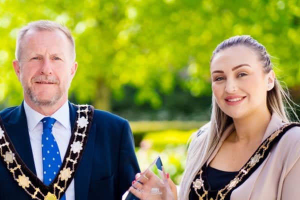 Outgoing Antrim and Newtownabbey Mayor Ald Stephen Ross and Deputy Mayor Cllr Leah Smyth