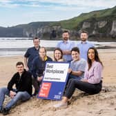 The Covernet team gather at the iconic White Rocks to celebrate their recent success at the UK’s Best Workplaces Awards. Based in Coleraine, this is the second consecutive year the company have ranked the highest in Northern Ireland and have featured in the top 20 of all UK businesses in the small category. Pictured are David Kemmy, Jim Campbell, Lee Stuart, Jack Gourley, Paul Hassan, Gemma Laird, Enda McVey and Mia McNeill