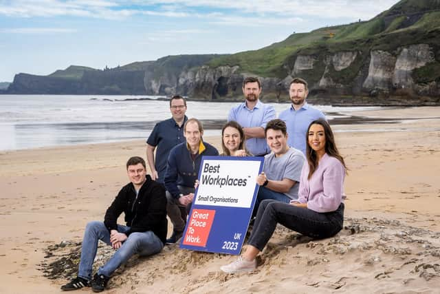 The Covernet team gather at the iconic White Rocks to celebrate their recent success at the UK’s Best Workplaces Awards. Based in Coleraine, this is the second consecutive year the company have ranked the highest in Northern Ireland and have featured in the top 20 of all UK businesses in the small category. Pictured are David Kemmy, Jim Campbell, Lee Stuart, Jack Gourley, Paul Hassan, Gemma Laird, Enda McVey and Mia McNeill