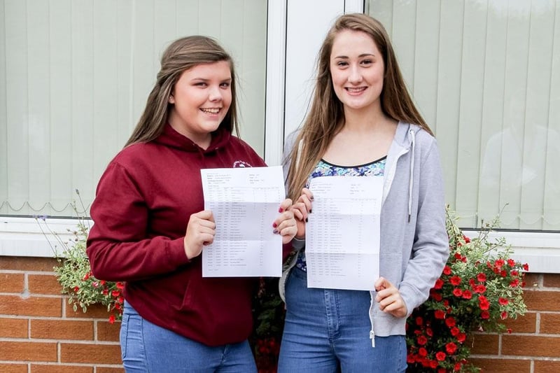 Pictured at Glengormley High School results day 2015 are Katie Diven (1A* 6As and 1C) and Emma Dickson (1A* 1A, 2Bs, 4Cs). INNT 34-506-SO
