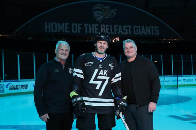 Adam Keefe with his father Brian and brother Sheldon at the home of the Belfast Giants ahead of his Testimonial Game. Picture: Press Eye/Darren Kidd