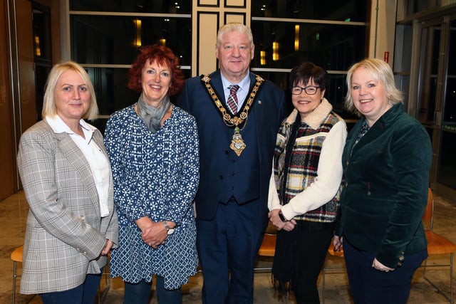 Regus Topping and Tanya Magowan from Garvagh Development Trust pictured with Cllr Steven Callaghan, Mayor of Causeway Coast and Glens Borough, Alderman Michelle Knight-McQuillan and  Cllr Dawn Huggins at a reception for Bann DEA community representatives
.